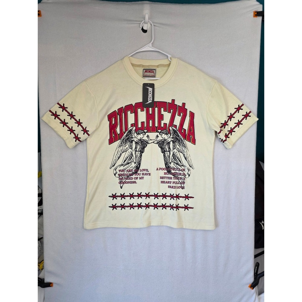 Ricchezza Angel Graphic T-Shirt Large Cream Heavyweight Streetwear Y2K NWT